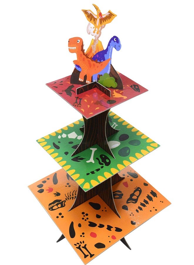 فرايدي نايت حامل كب كيك ديناصورات ثلاثي الطبقات، قابل لإعادة الاستخدام، مناسب لأعياد ميلاد الأطفال وحفلات استقبال المولود الجديد، وحفلات ذات طابع حيواني، وحامل حلويات، ومستلزمات تزيين. - Image 1