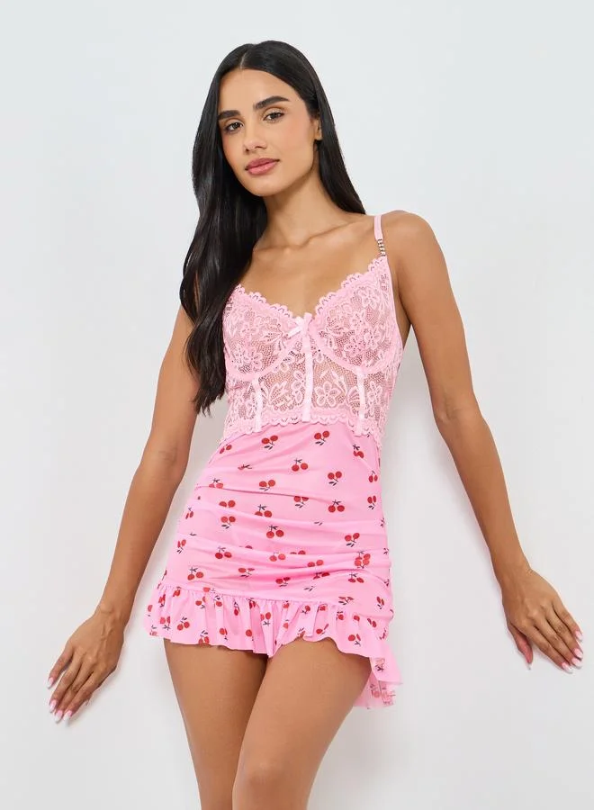 Styli Floral Mesh Pattern Underwired Slip and Brief