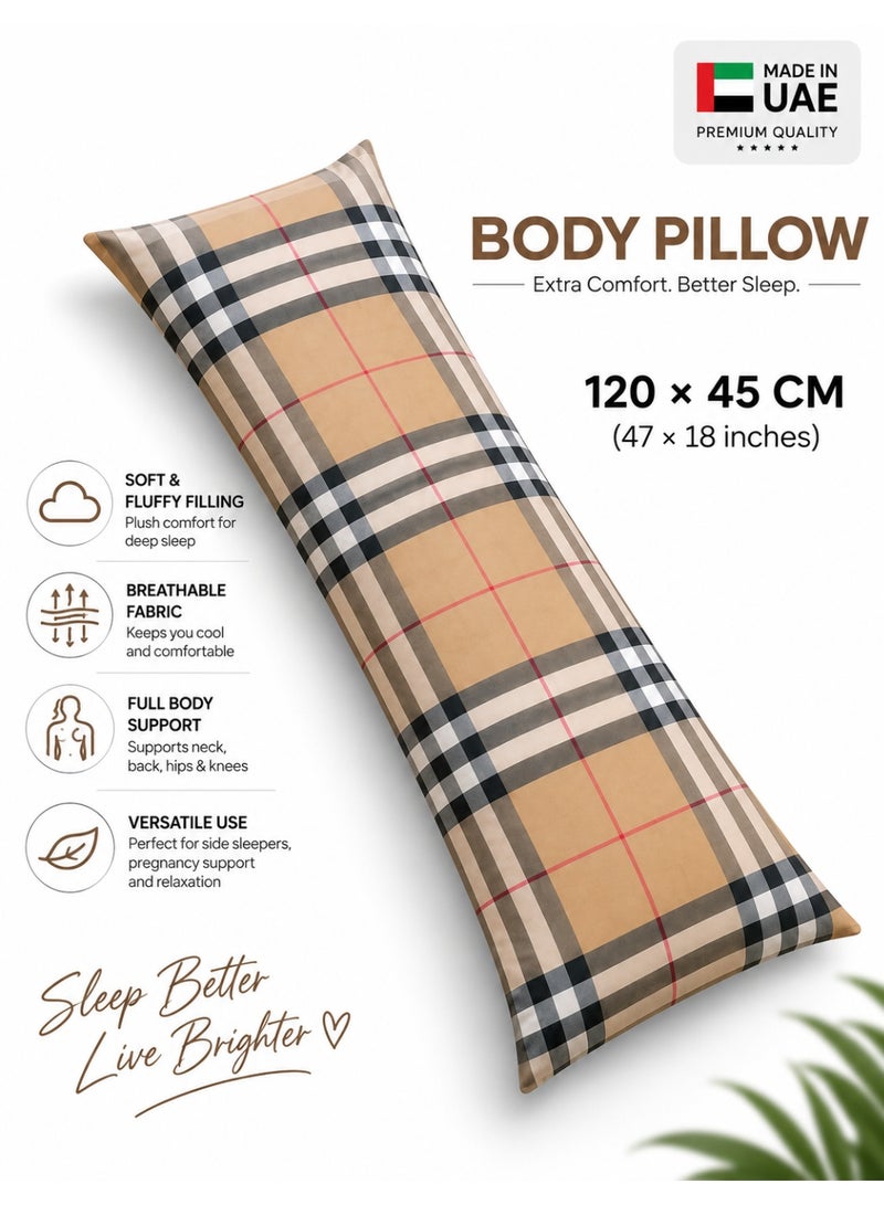 Eworld Body Pillow 120 x 45 cm, Check Pattern, Soft Fluffy Filling with Breathable Fabric, Full Body Support Long Pillow for Side Sleepers, Pregnancy and Relaxation, Made in UAE - Image 1