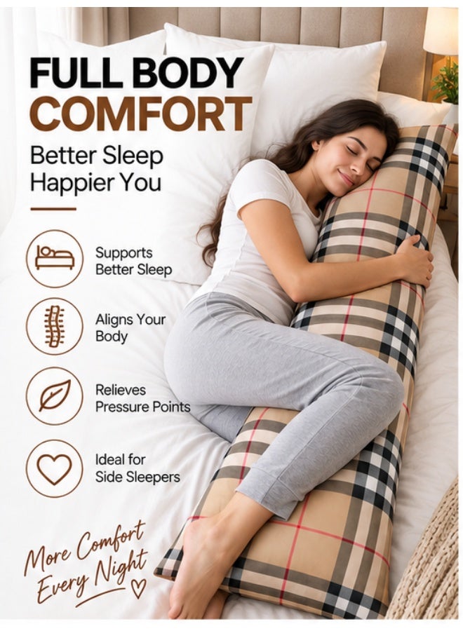 Eworld Body Pillow 120 x 45 cm, Check Pattern, Soft Fluffy Filling with Breathable Fabric, Full Body Support Long Pillow for Side Sleepers, Pregnancy and Relaxation, Made in UAE - Image 2