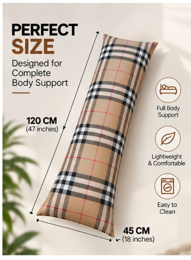 Eworld Body Pillow 120 x 45 cm, Check Pattern, Soft Fluffy Filling with Breathable Fabric, Full Body Support Long Pillow for Side Sleepers, Pregnancy and Relaxation, Made in UAE - Image 3