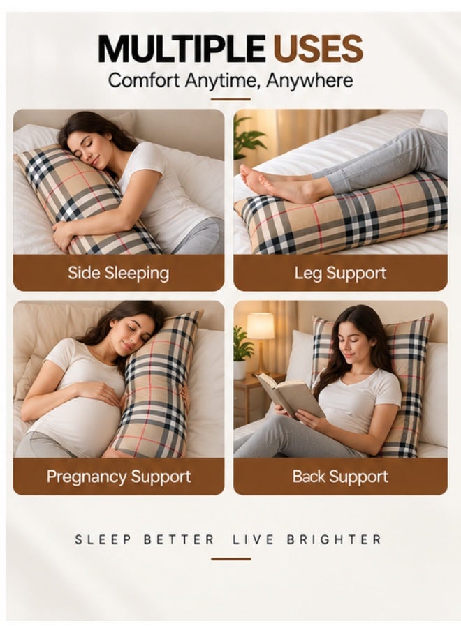 Eworld Body Pillow 120 x 45 cm, Check Pattern, Soft Fluffy Filling with Breathable Fabric, Full Body Support Long Pillow for Side Sleepers, Pregnancy and Relaxation, Made in UAE - Image 5