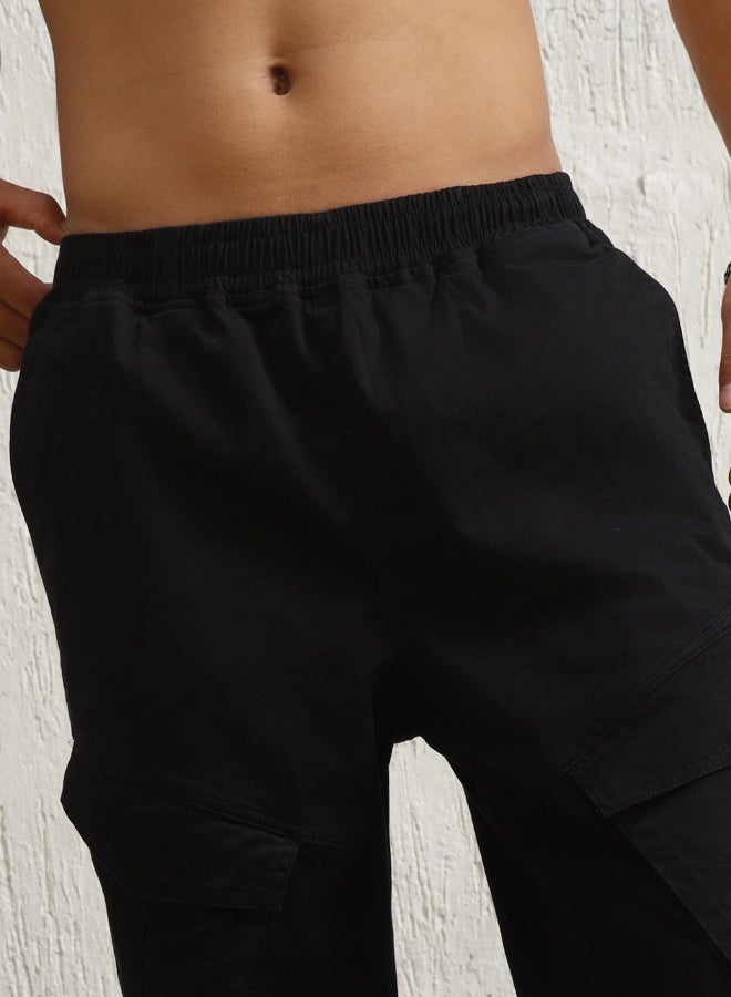 Hubberholme Men's Black Cotton Blend Solid Pattern Full Length Cargo Relaxed Trouser - Image 1