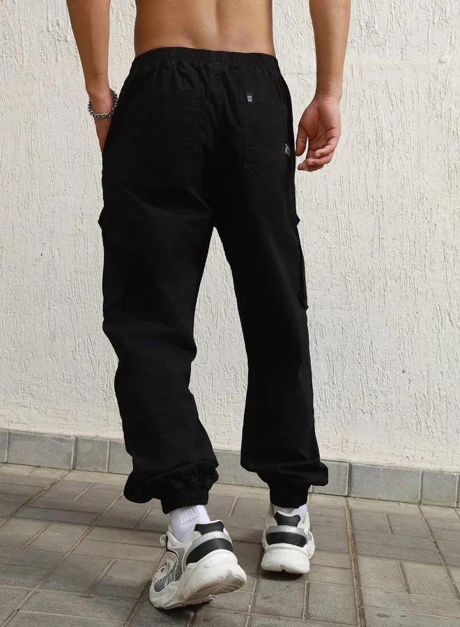Hubberholme Men's Black Cotton Blend Solid Pattern Full Length Cargo Relaxed Trouser