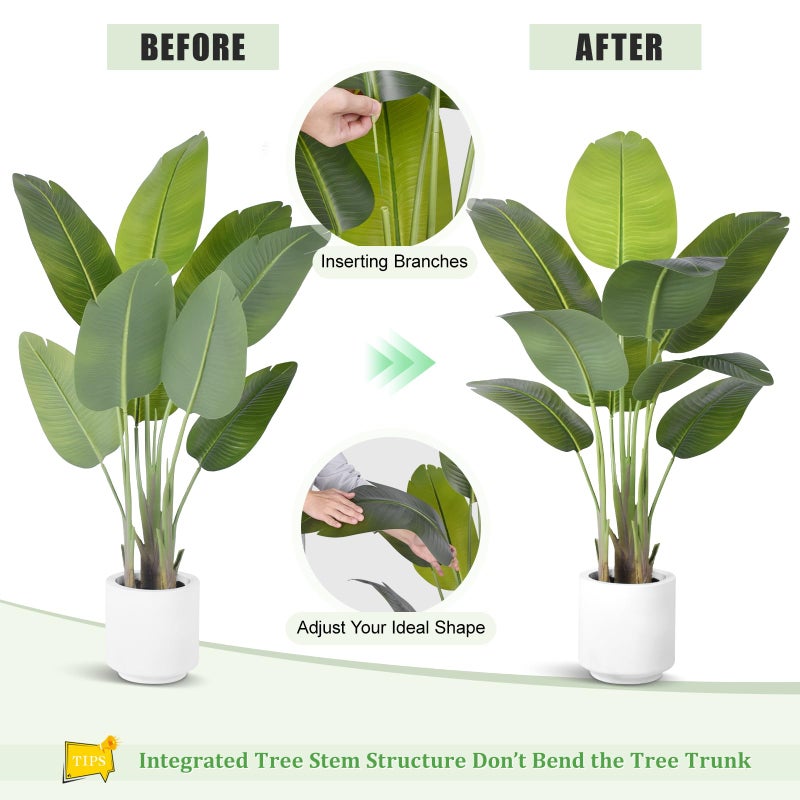 ZEEOZE Artificial Bird of Paradise Plant 4Ft Tall Fake Tropical Palm Tree Large Fake Plants with 9 Silk Banana Leaves Faux Plant Indoor Decor Trees with White Pot for Home Bedroom Living Room Office - Image 5