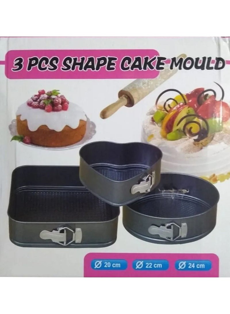 DubaiGallery طقم 3 قطع صينية كعك معدنية غير لاصقة مع قاعدة قابلة للإزالة بأشكال مستديرة وقلبية ومربعة - Image 1