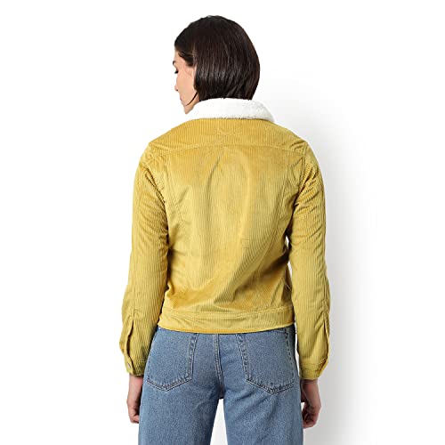 Campus Sutra Women Mustard Corduroy Regular Fit Utility Jacket For Winter Wear | Collared Neck | Full Sleeve | Buttoned | Casual Jacket For Woman & Girl | Western Stylish Jacket For Women - Image 3