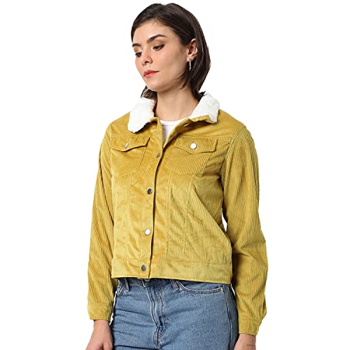 Campus Sutra Women Mustard Corduroy Regular Fit Utility Jacket For Winter Wear | Collared Neck | Full Sleeve | Buttoned | Casual Jacket For Woman & Girl | Western Stylish Jacket For Women - Image 1