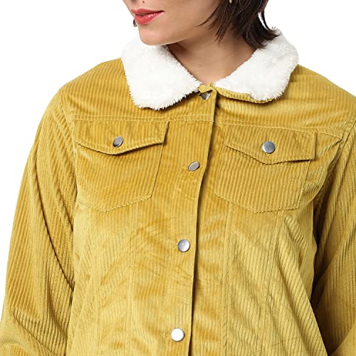 Campus Sutra Women Mustard Corduroy Regular Fit Utility Jacket For Winter Wear | Collared Neck | Full Sleeve | Buttoned | Casual Jacket For Woman & Girl | Western Stylish Jacket For Women - Image 4