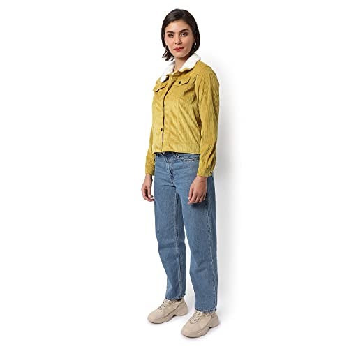 Campus Sutra Women Mustard Corduroy Regular Fit Utility Jacket For Winter Wear | Collared Neck | Full Sleeve | Buttoned | Casual Jacket For Woman & Girl | Western Stylish Jacket For Women - Image 5