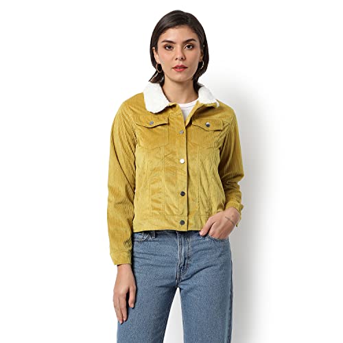 Campus Sutra Women Mustard Corduroy Regular Fit Utility Jacket For Winter Wear | Collared Neck | Full Sleeve | Buttoned | Casual Jacket For Woman & Girl | Western Stylish Jacket For Women - Image 2