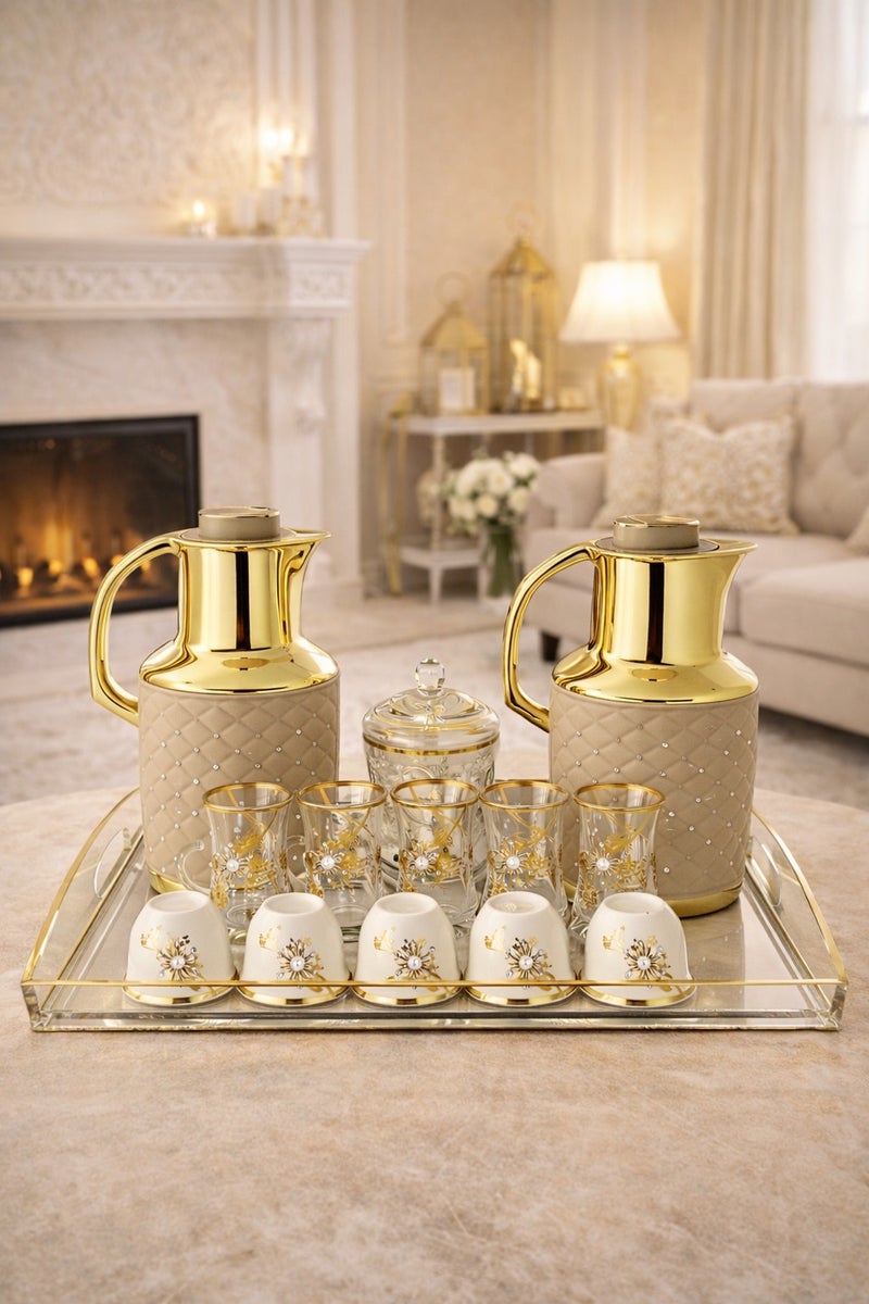 Radin Premium Arabic Tea & Coffee Thermos Set With Cups, Saucers & Tray – 22 Pcs - Image 1