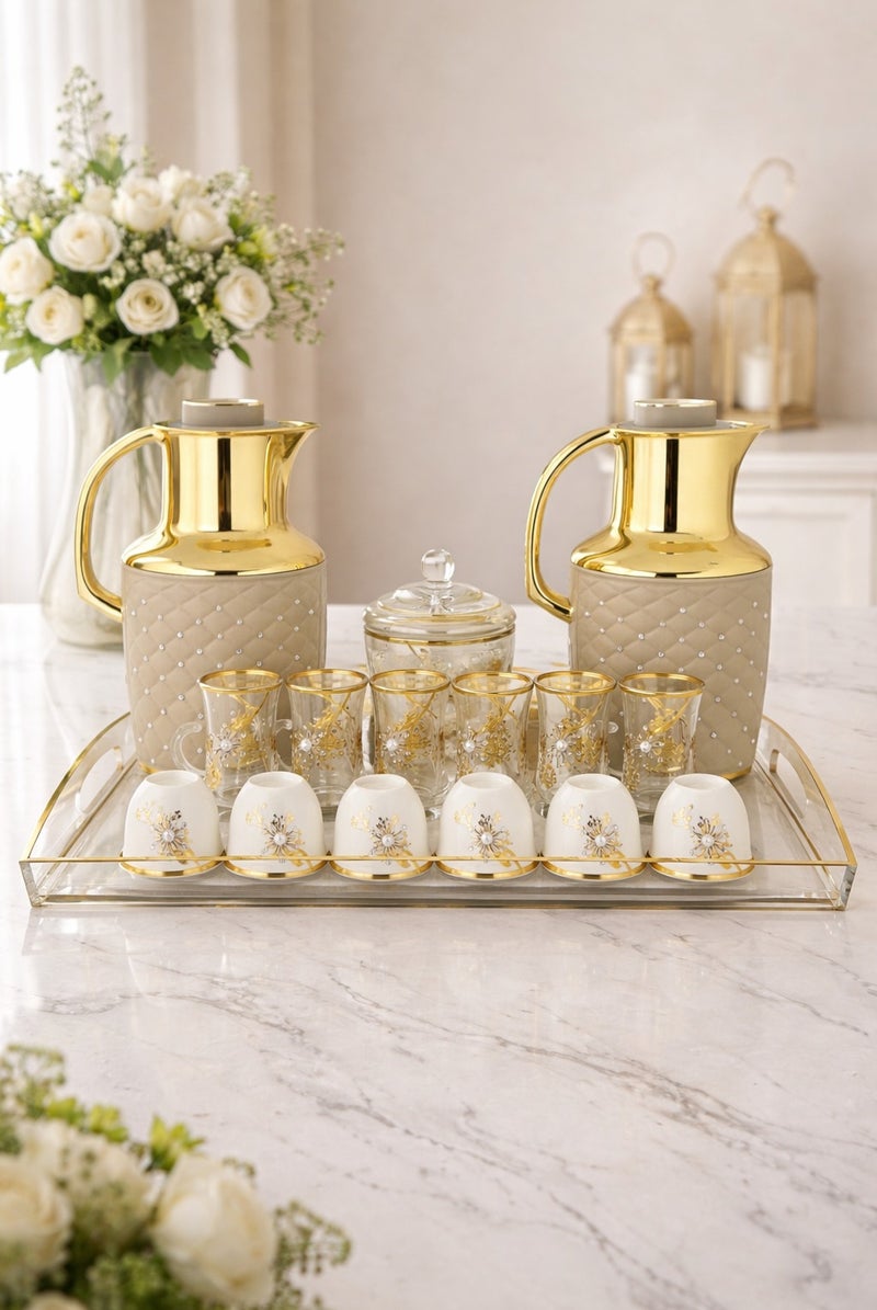 Radin Premium Arabic Tea & Coffee Thermos Set With Cups, Saucers & Tray – 22 Pcs - Image 3