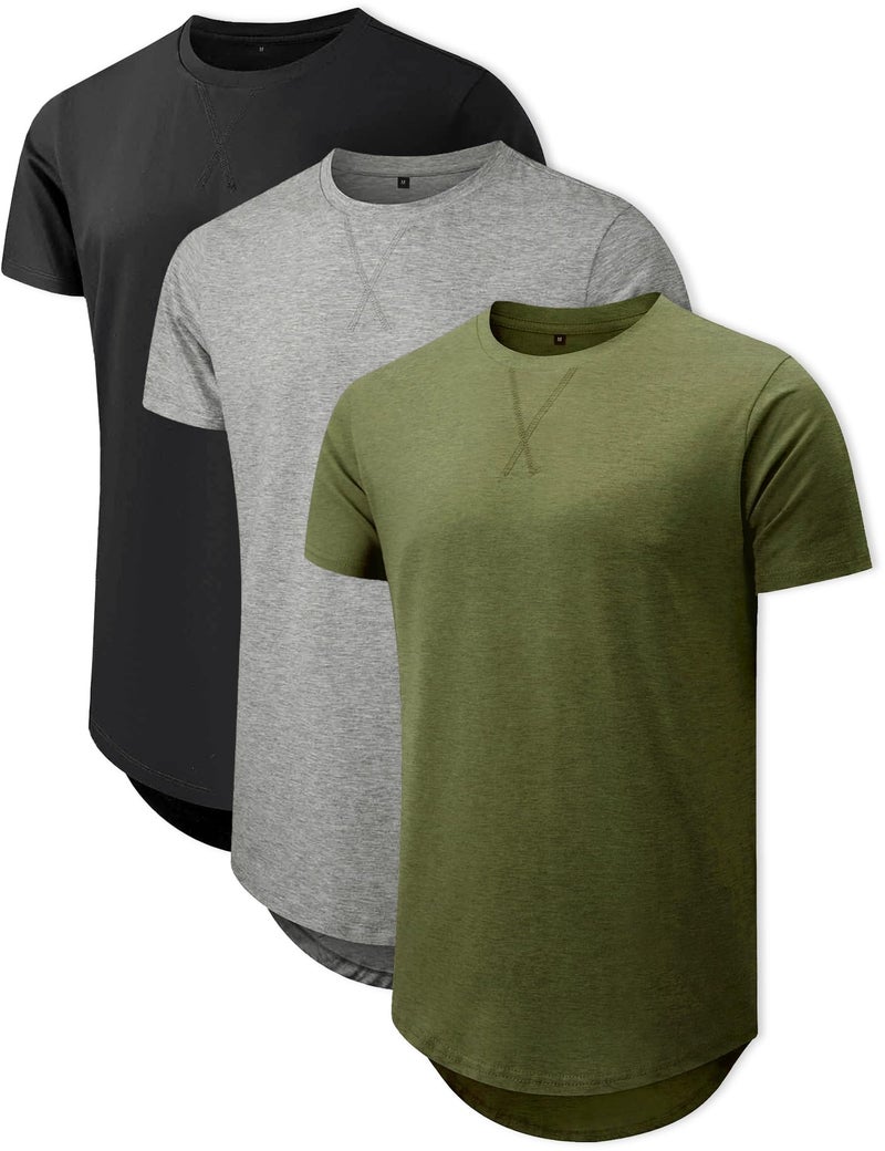 Comdecevis Mens Short Sleeve T-Shirts Crewneck Curved Hem Cotton Tee Hipster Longline Shirts Black/Gray/Green XXL 3 Pack - Image 1