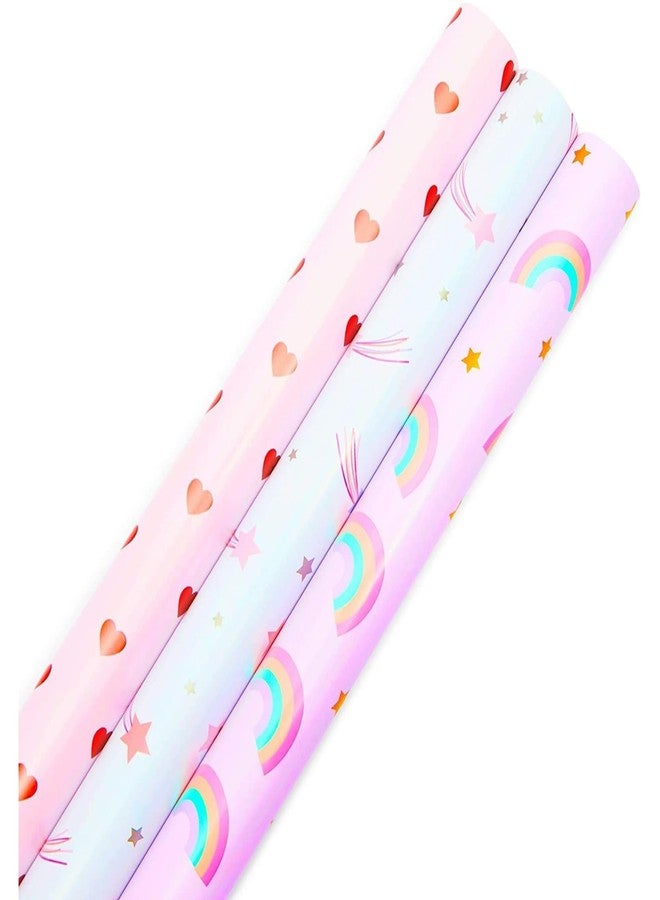Sparkle and Bash Rainbow Hearts Gift Wrap Roll - 30 in x 16 ft, 3 Rolls, Pink - Birthday Wrapping Paper - Pink Sparkle Gift Wrap - Image 1