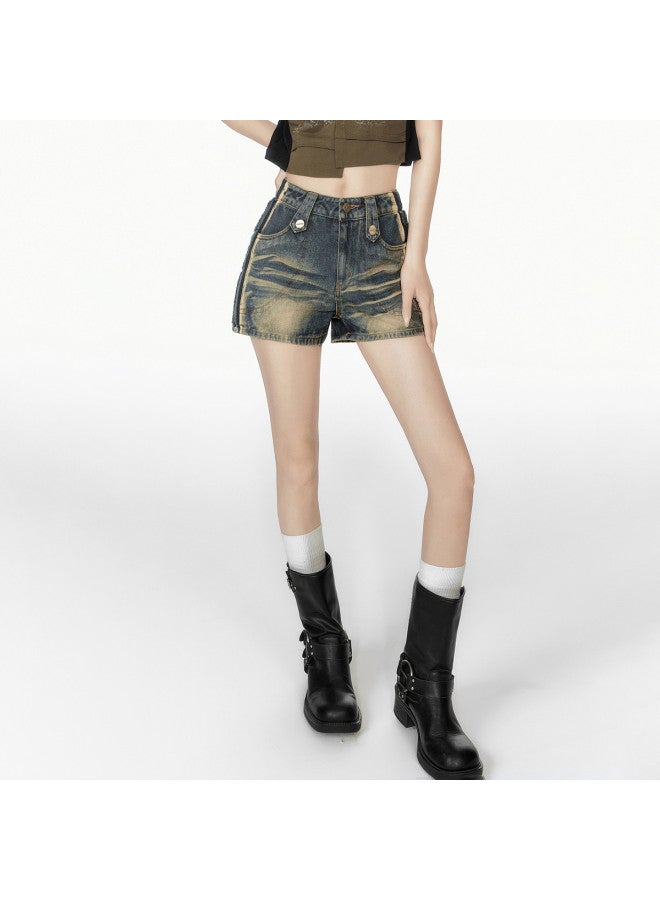 EPTISON شورتات جينز نسائية - أسلوب صيفي حلو وجريء، تلوين عتيق، تفاصيل حافة خام، تصميم ساق مستقيم - Image 4