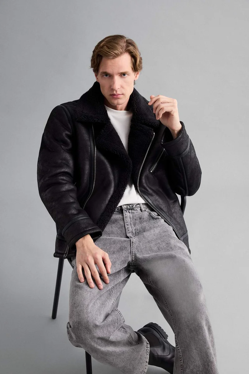 Defacto  Slim Fit Faux Fur Lined Zippered Pocketed Suede Leather Jacket for Men | Best Price UAE