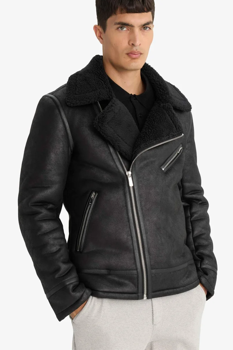 Defacto  Slim Fit Faux Fur Lined Zippered Pocketed Suede Leather Jacket for Men | Best Price UAE