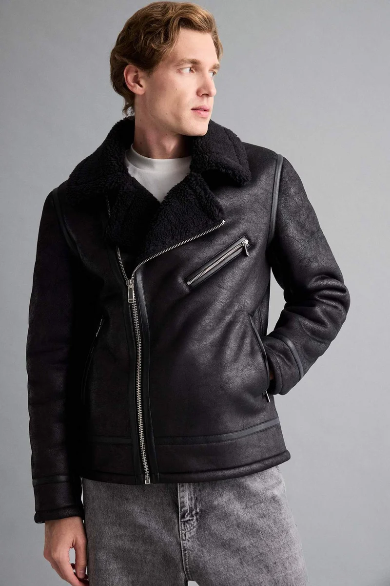 ديفاكتو Slim Fit Faux Fur Lined Zippered Pocketed Suede Leather Jacket