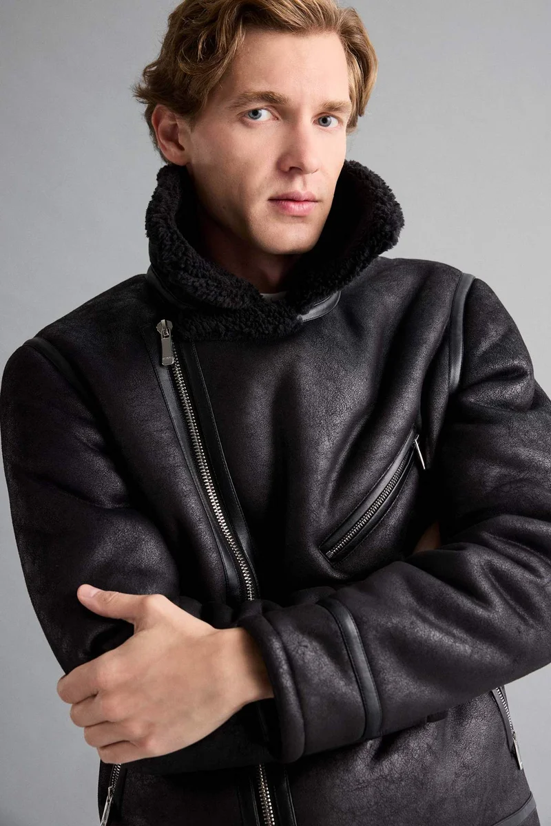 ديفاكتو Slim Fit Faux Fur Lined Zippered Pocketed Suede Leather Jacket