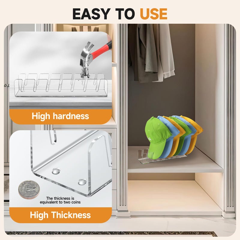 Hugro Tarfive Acrylic Baseball Cap Organizer Rack 2-Pack - Holds 14 Hats, No Install Space Saving Display Stand for Closet, Bedroom, Entryway (Clear) - Image 5
