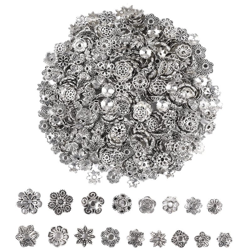 FEBSNOW FEBSNOW About 160Pcs Tibetan Silver Spacer Beads Caps Bali Style Jewelry Making Flower Bead Caps for DIY Bracelet Necklace Earrings Making 