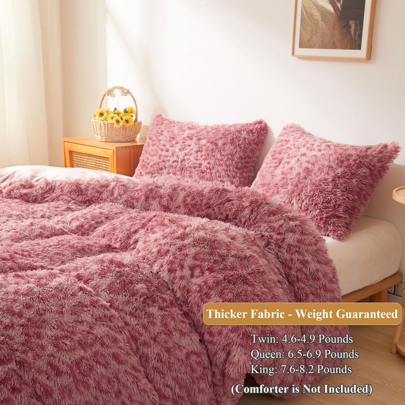 XeGe Cheetah Print Fluffy Faux Fur Duvet Cover Set, 3 Pieces Soft Plush Shaggy Fuzzy Bedding Set(1 Faux Fur Leopard Print Comforter Cover + 2 Furry Pillowcases), Zipper Closure(Queen, Pink) - Image 3