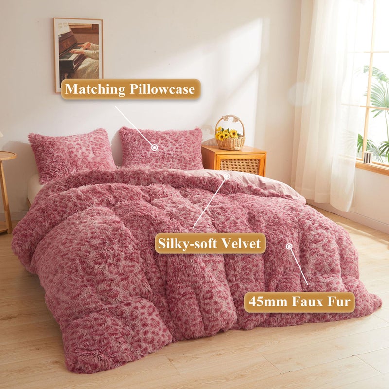 XeGe Cheetah Print Fluffy Faux Fur Duvet Cover Set, 3 Pieces Soft Plush Shaggy Fuzzy Bedding Set(1 Faux Fur Leopard Print Comforter Cover + 2 Furry Pillowcases), Zipper Closure(Queen, Pink) - Image 2