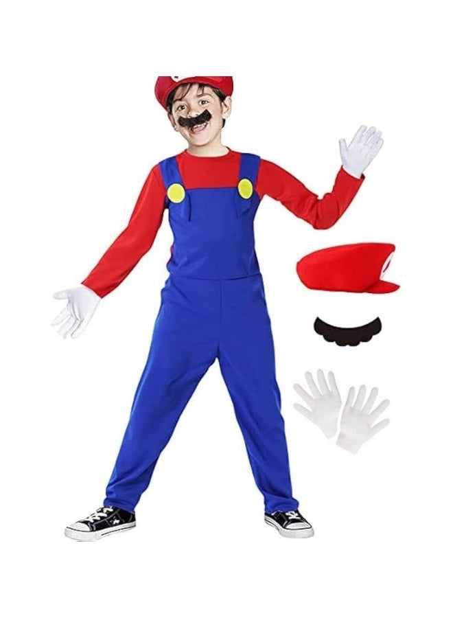 Kidzilla Kids Super Mario-Inspired Costume – Red Shirt, Blue Overalls, Cap & Character Accessories L - Image 1