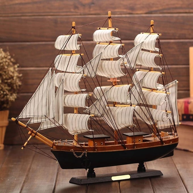 WOODEN SAILBOAT MODEL 85 TALL MARINE COASTAL SAILING SHIP MODEL MEDITERRANEAN STYLE WOOD HANDCRAFTED SAILING BOAT VINTAGE NAUTICAL OCEAN THEME SAIL BOAT ORNAMENTS HOME OFFICE TABLETOP DECORS