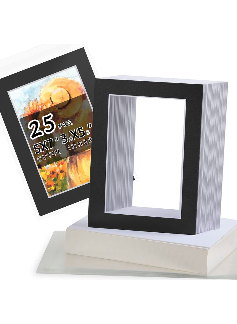Falling In art Acid Free 25 Pack 5x7 PreCut Mat Board Show Kit for 4x6 Photos Prints or Artworks 25 Core Bevel Cut Matts and 25 Backing Boards and 25 Crystal Plastic Bags Black 