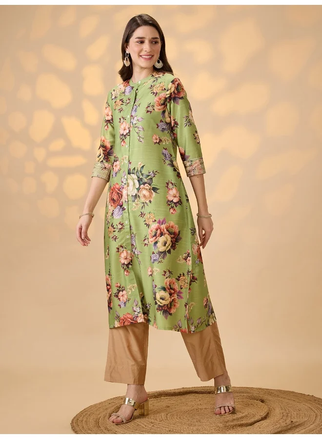 globus Women Green Mandarin Collar Embroidered Hem Sleeves Floral Print Button Down A-Line Festive Kurta