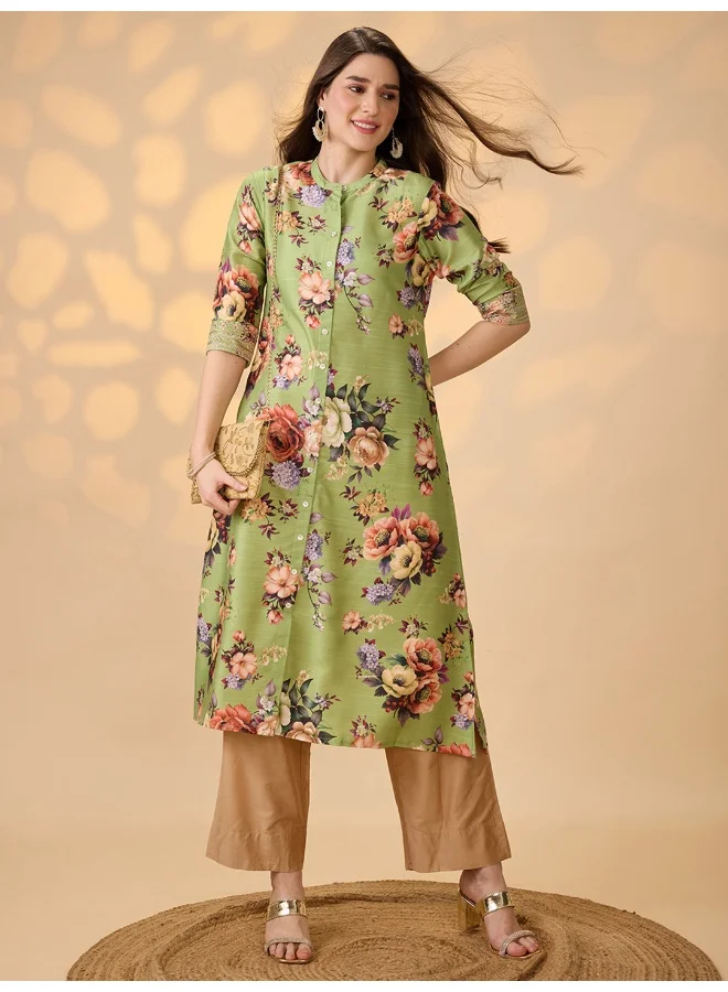 globus Women Green Mandarin Collar Embroidered Hem Sleeves Floral Print Button Down A-Line Festive Kurta