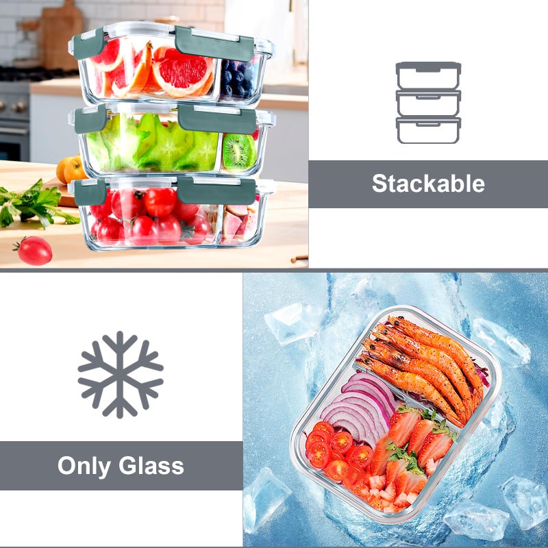 VERONES 5 Pack Glass Meal Prep Containers 2 Compartment Set  36OZ Airtight Glass Lunch Containers  Glass Food Storage Containers with Lids  for Microwave  Oven  Freezer & Dishwasher Friendly Grey - Image 5