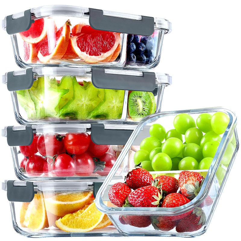 VERONES 5 Pack Glass Meal Prep Containers 2 Compartment Set  36OZ Airtight Glass Lunch Containers  Glass Food Storage Containers with Lids  for Microwave  Oven  Freezer & Dishwasher Friendly Grey - Image 1