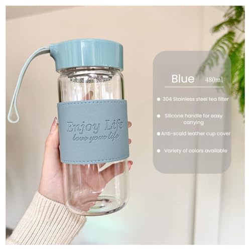 Wosta Leakproof Glass Water Bottle with Stainless Steel Infuser Glass Tea Infuser Bottle with Strainer and Neoprene Sleeve for Loose Leaf Tea, Cold Brew Coffee. (A - BLUE, 480ML) - Image 2