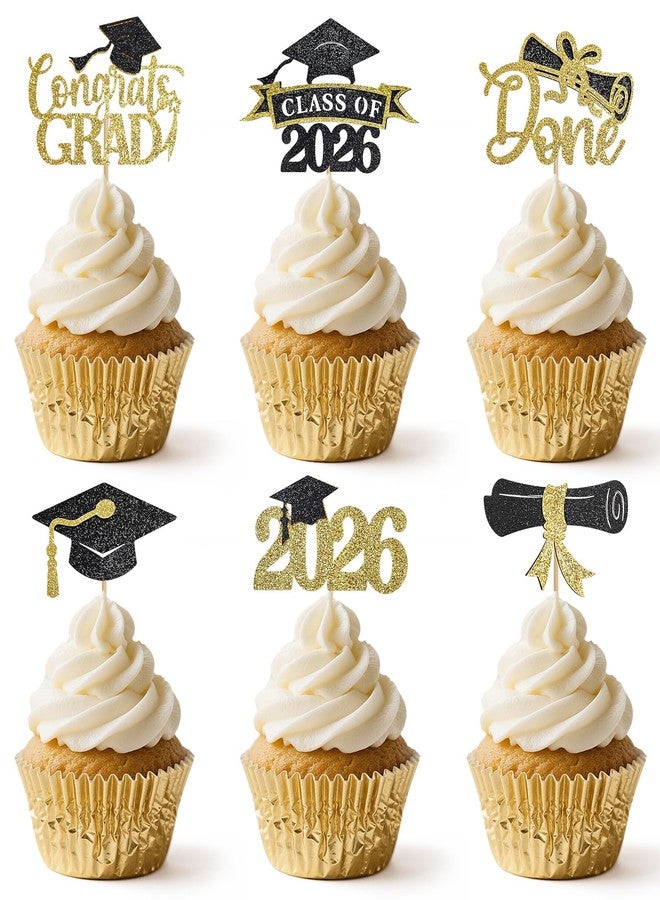 EMORBALS 48PCS Graduation Cupcake Toppers 2026, Glitter 2026 Grad Cupcake Topper, Graduation Cake Decorations for Party Centerpieces, Family Celebrations(Black&Gold) - Image 1