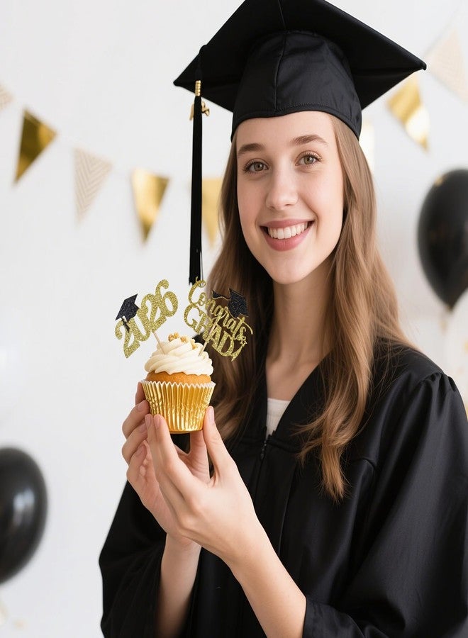 EMORBALS 48PCS Graduation Cupcake Toppers 2026, Glitter 2026 Grad Cupcake Topper, Graduation Cake Decorations for Party Centerpieces, Family Celebrations(Black&Gold) - Image 4