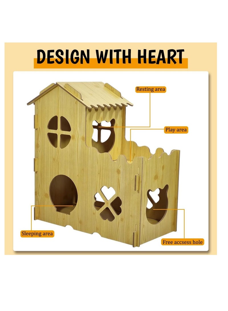 NNC PETS Wooden cat villa, Cozy wooden pet house with Catnip, Double-decker design, Balcony, and Interlocking panel design, Durable MDF pet villa for indoor cats, Easy to install 80 cm (Beige) - Image 4