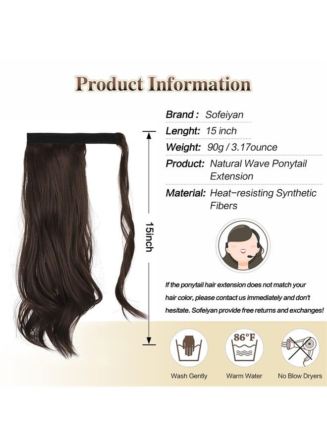 Curly Ponytail Extension 15 Inch Heat Resistant Synthetic Natural Wavy Hairpiece Wrap Around Pony Tail Hair Extensions for White Black Women Hair Piece, Chocolate Brown