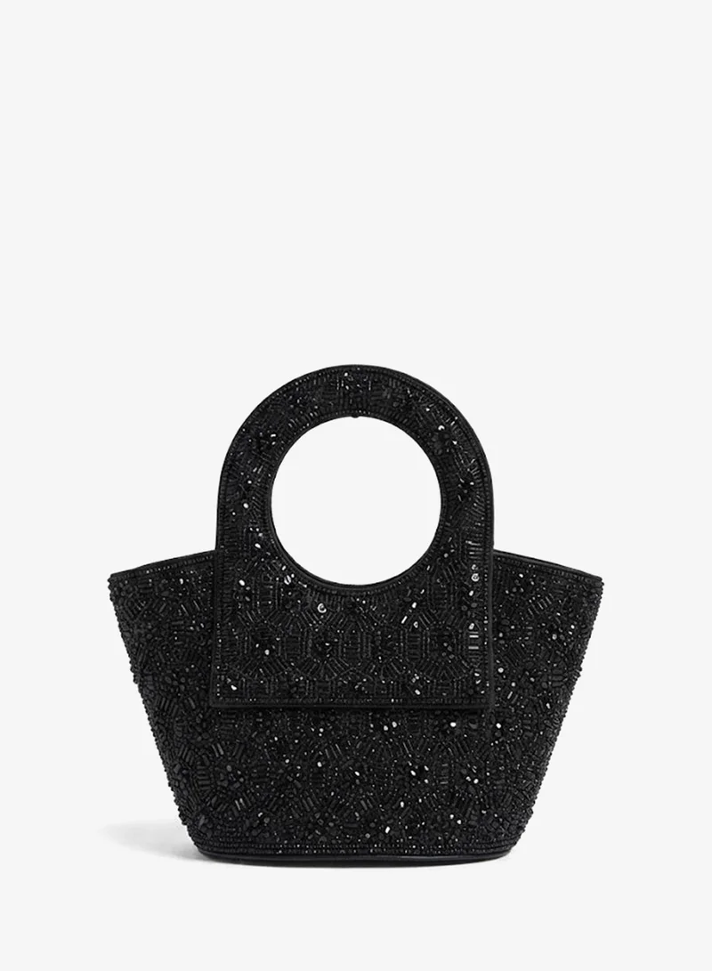 Viny Women's Crystal Medallion Clutch Bag – Floral Beaded Design with Ring Handle & Detachable Chain Strap