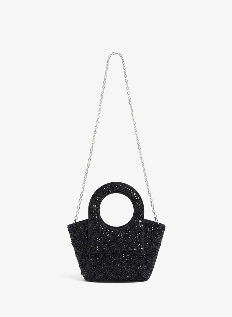 Viny Women's Crystal Medallion Clutch Bag – Floral Beaded Design with Ring Handle & Detachable Chain Strap - Image 3