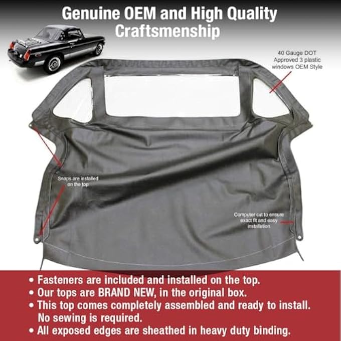 rayihni MGB Convertible Top with Zipper 3 Plastic Windows 1971-1980 Black Crush Grain Vinyl - Image 2