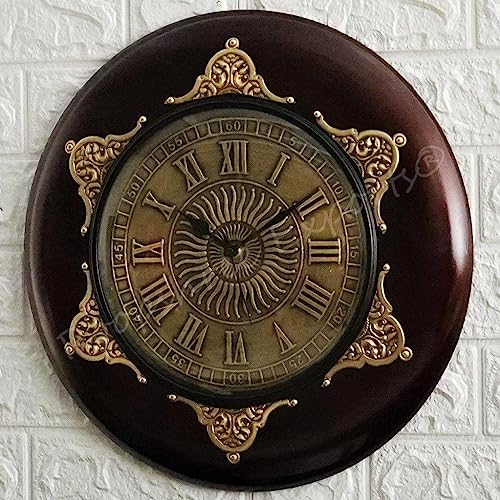 Vintage Clock Brass Inlay Wooden Shiny Brown Handcrafted Analog Wall Clock/One Year Warranty / 9143-16-BSN, 16 cm, 16 Inch - Image 1