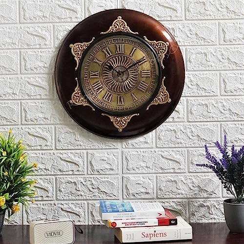 Vintage Clock Brass Inlay Wooden Shiny Brown Handcrafted Analog Wall Clock/One Year Warranty / 9143-16-BSN, 16 cm, 16 Inch - Image 5