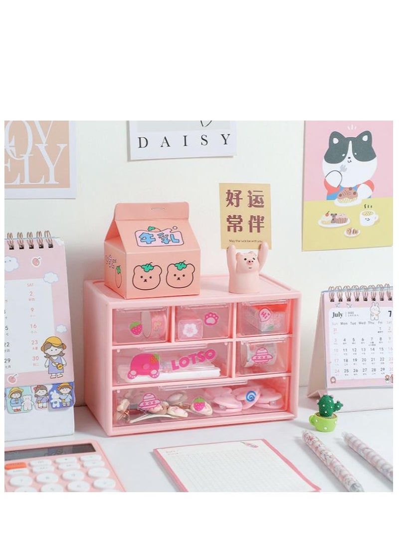 Golden Desk Organizer with 6 Drawers, Clear Plastic Desk Storage Box, Desktop Organization for Office Supplies, Gel Pens, Pencils, Markers, Tape, Erasers, Paperclips, Chargers and Gift beautiful stickers (Pink-6 Draws)  - Image 3