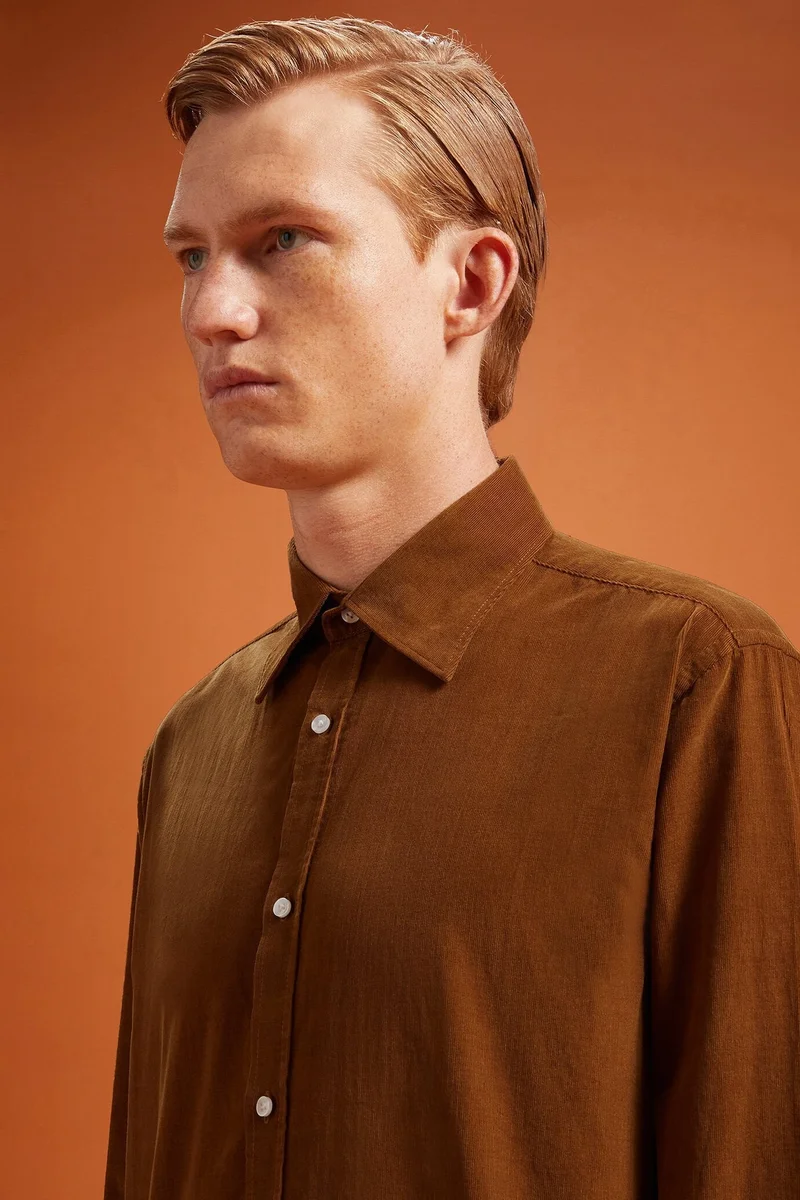 Doppelganger Brown Men's comfort fit casual shirt with a classic collar in plain 100% cotton 21-wale corduroy - Camel for Men | Best Price UAE