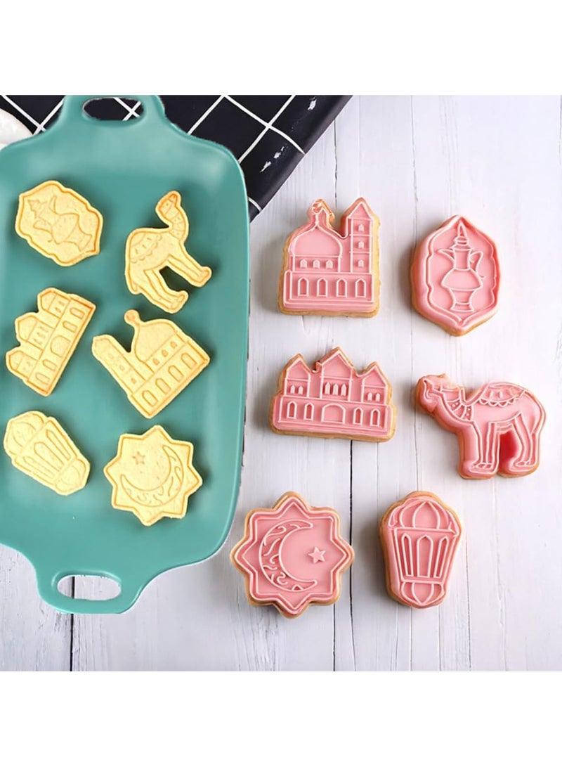 طقم قطاعة كوكيز عيد رمضان مبارك - 6 قطع قالب ثلاثي الأبعاد للفوندان والخبز وتزيين الكيك - مسجد، فانوس، جمل، نجمة، قمر، تصميم نجمة إسلامية - Image 1