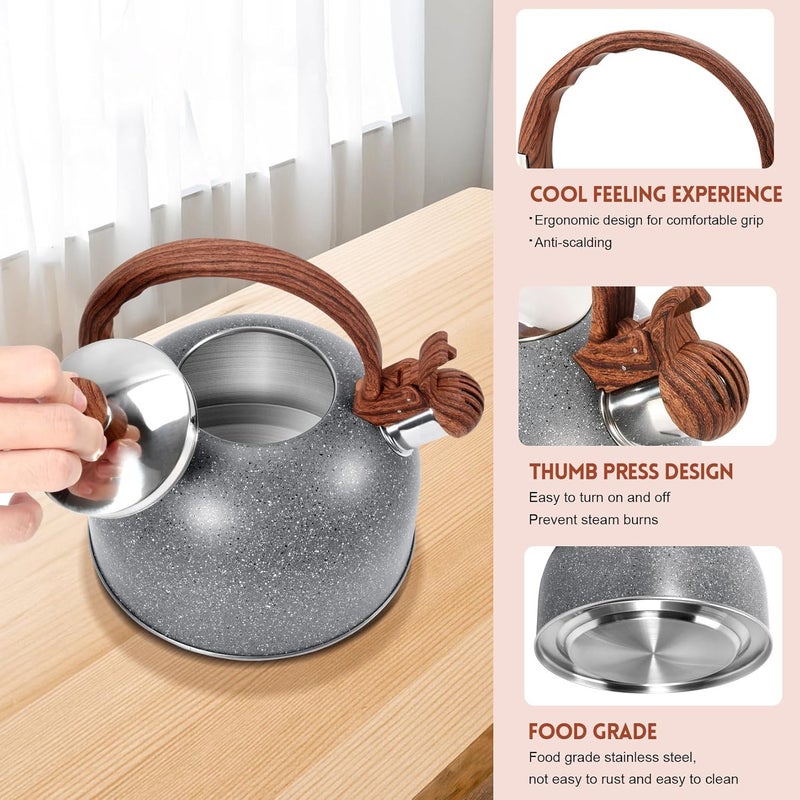 GGC 2.7QT/3L Whistling Tea Kettles for Stove Top, Stainless Steel Tea Kettle with for Boiling Water Milik or Coffee, Starry Gray Tea Pots with Wooden Anti Heat Handle - Image 3