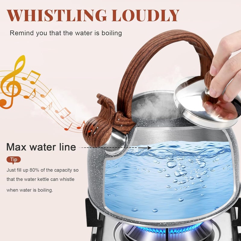 GGC 2.7QT/3L Whistling Tea Kettles for Stove Top, Stainless Steel Tea Kettle with for Boiling Water Milik or Coffee, Starry Gray Tea Pots with Wooden Anti Heat Handle - Image 2